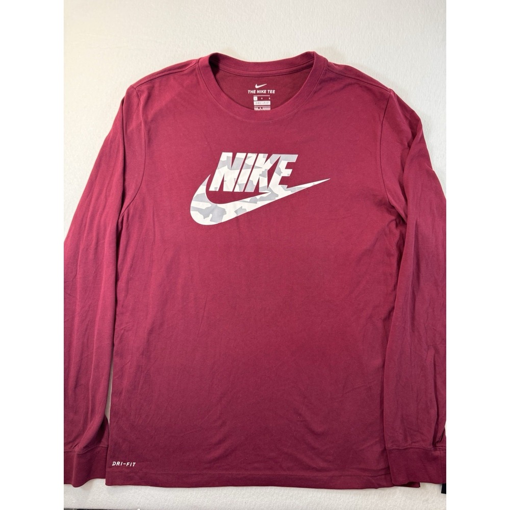Nike Dri-FIT Mens Long Sleeve Large T Shirt Large Maroon Camo Logo Crewneck NWT